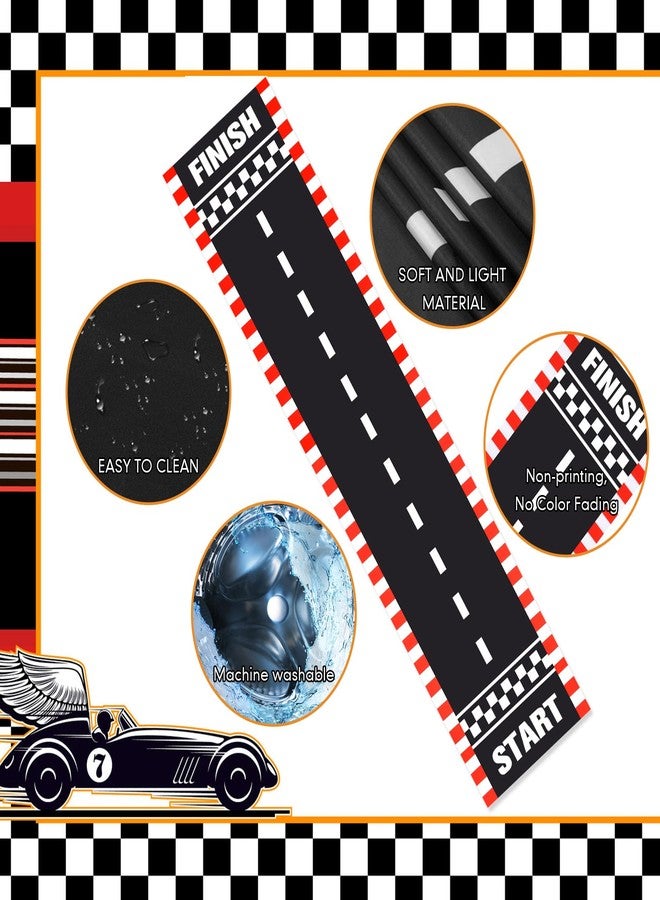 Fabbay 2 Pieces Racing Car Party Decorations 2 x 9. 8 ft Long Racetrack Floor Running Mat Drag Race Car Road Birthday Party Supplies Checkered Race Tracks Runway Party Supplies for Sport Event - Image 3